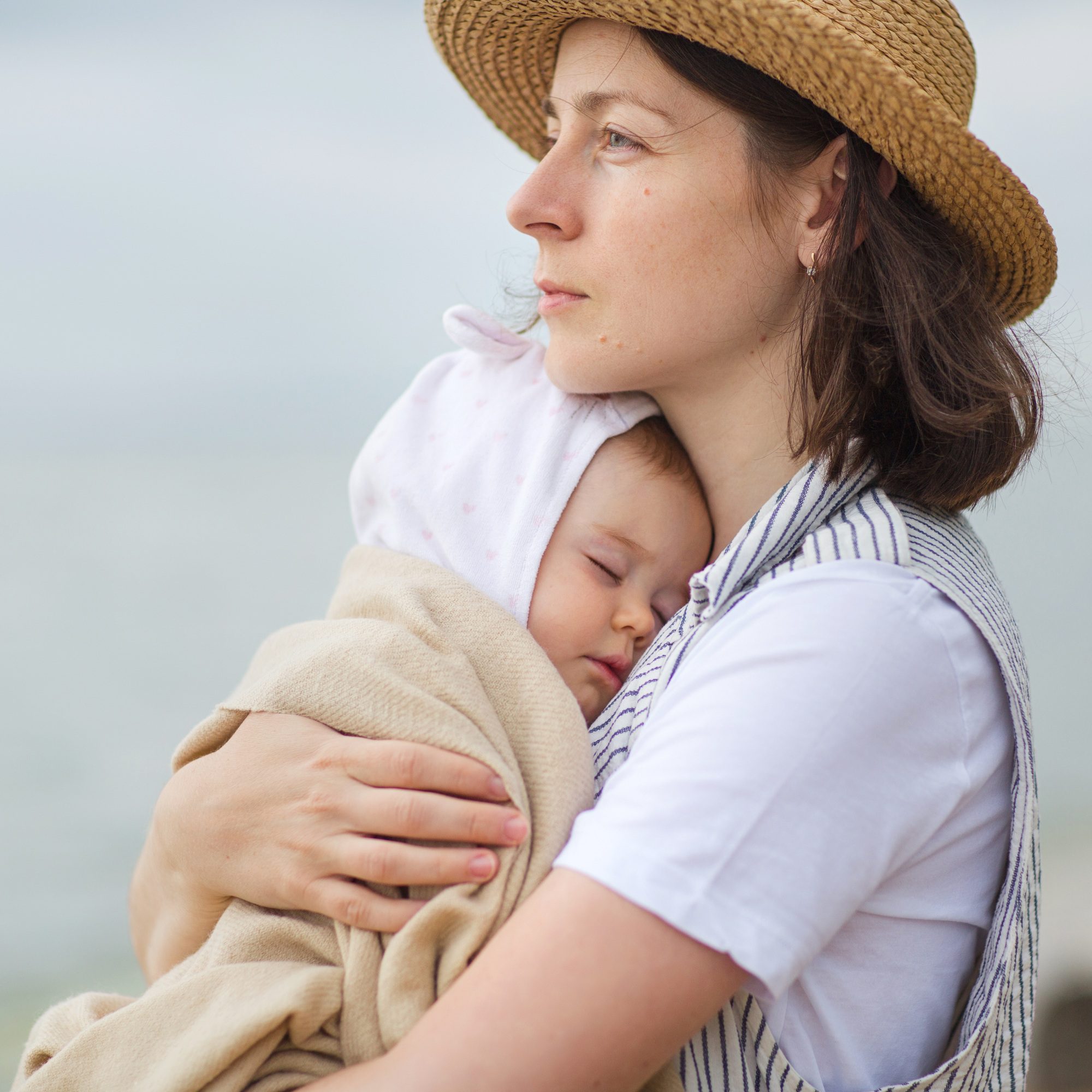 sea beach summer child sleep baby mother mom motherhood hug